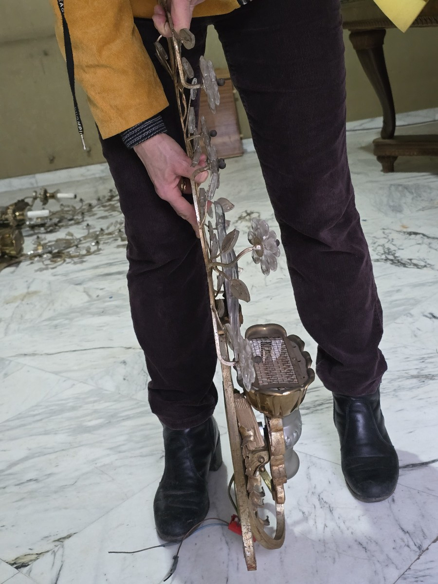 Large Pair Of Vintage Parrot‑themed Iron And Crystal Wall Sconces, Banci, Circa 1980-photo-3