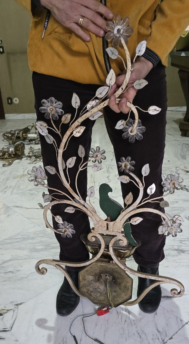 Large Pair Of Vintage Parrot‑themed Iron And Crystal Wall Sconces, Banci, Circa 1980-photo-4