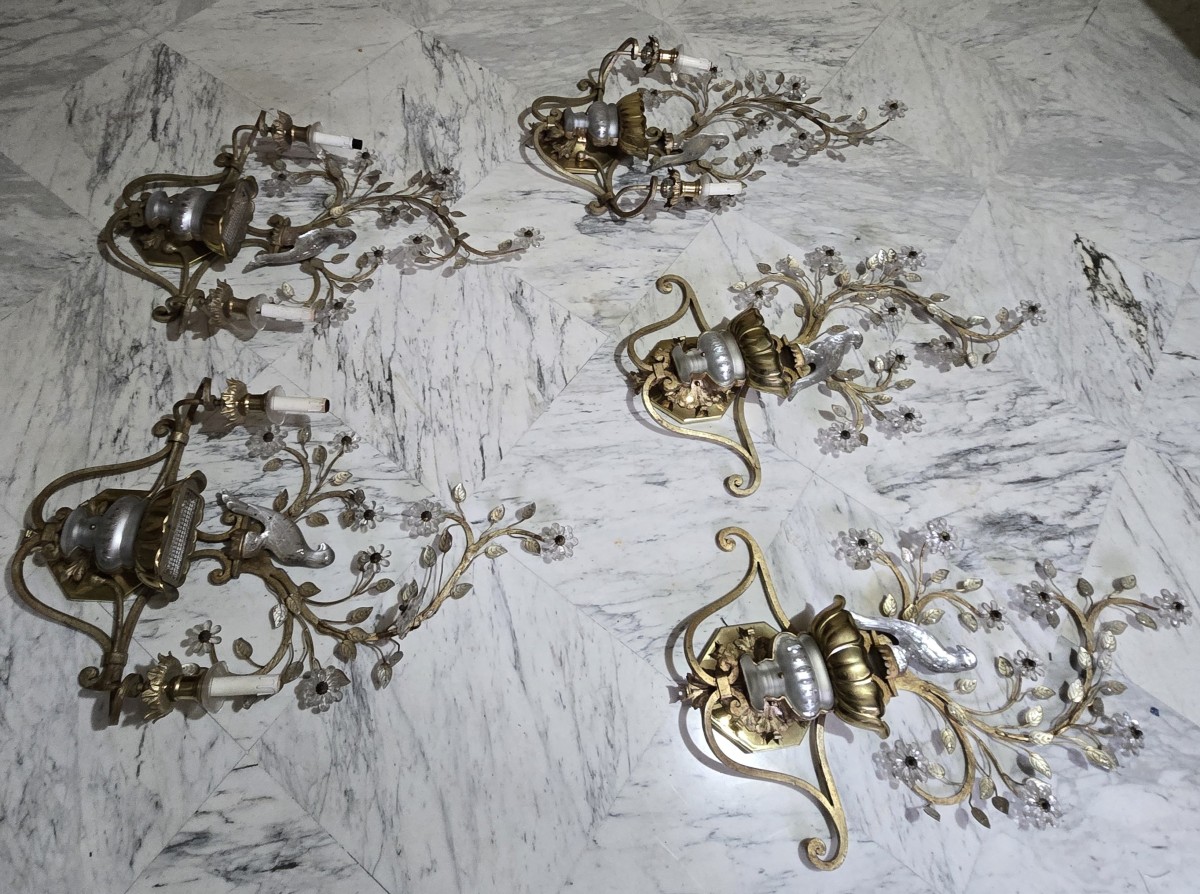 Large Pair Of Vintage Parrot‑themed Iron And Crystal Wall Sconces, Banci, Circa 1980-photo-8