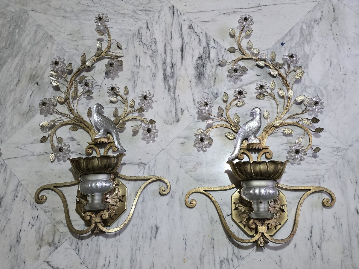 Large Pair Of Vintage Parrot‑themed Iron And Crystal Wall Sconces, Banci, Circa 1980