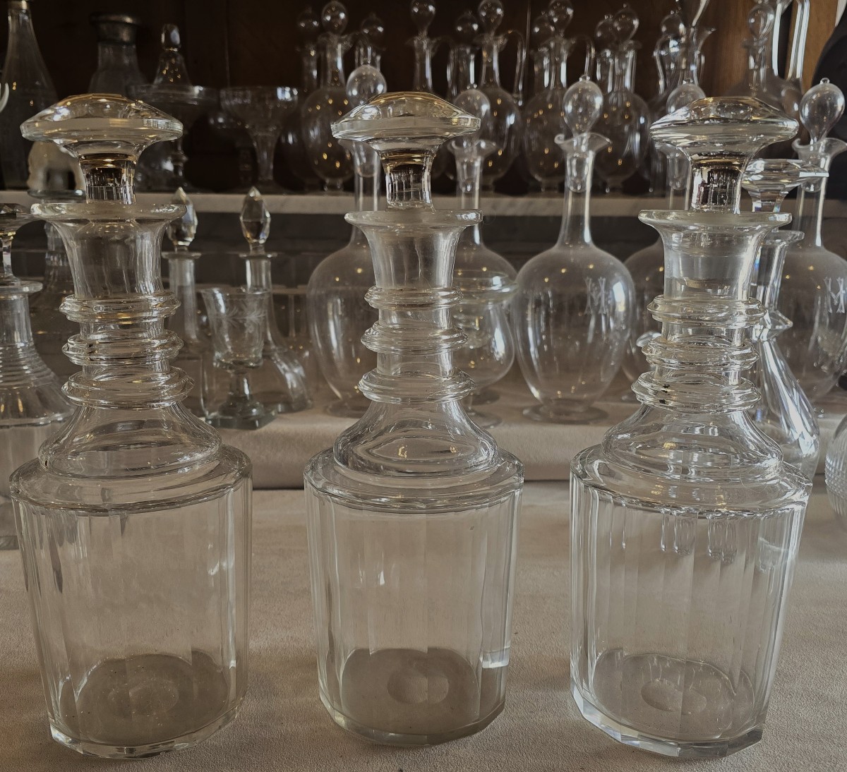 Lot Of Three Antique Carafes N. 2, N. 3, N. 4 In Cut Crystal  Faceted – Early  XX Th Century