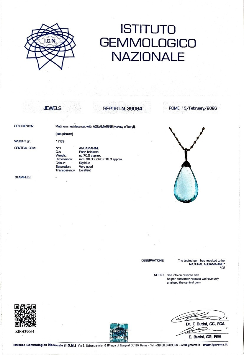 Importante aigue‑marine de 70 carats montée en pendentif sur collier en platine-photo-1