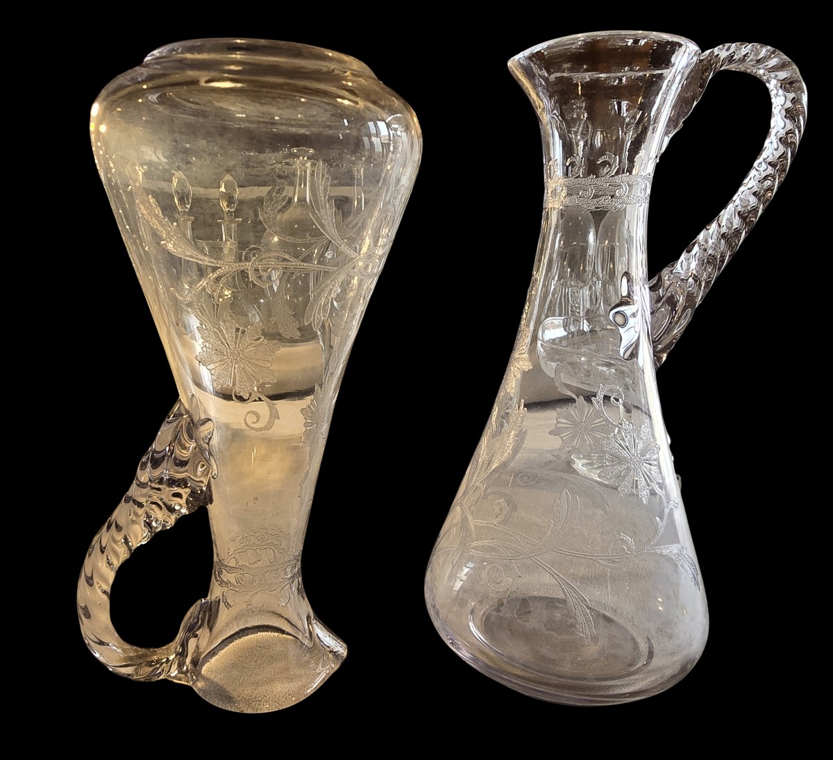 Pair Of Antique Art Nouveau Blown And Engraved Glass Ewers-photo-2