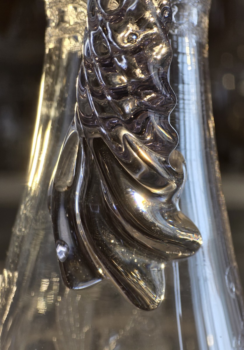 Pair Of Antique Art Nouveau Blown And Engraved Glass Ewers-photo-1