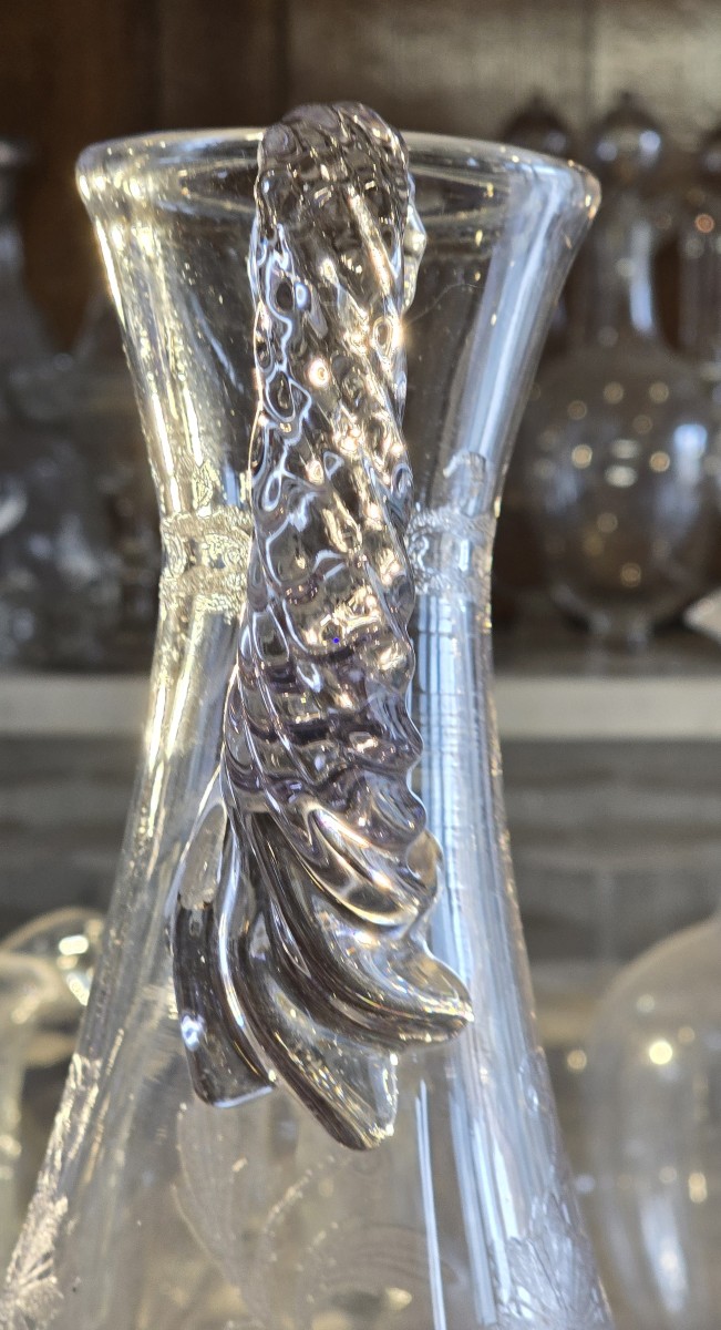Pair Of Antique Art Nouveau Blown And Engraved Glass Ewers-photo-2