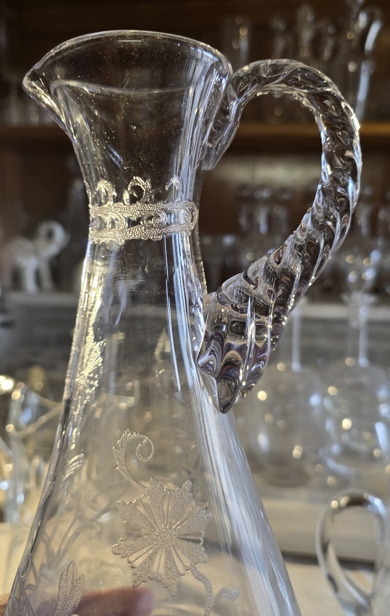 Pair Of Antique Art Nouveau Blown And Engraved Glass Ewers-photo-3