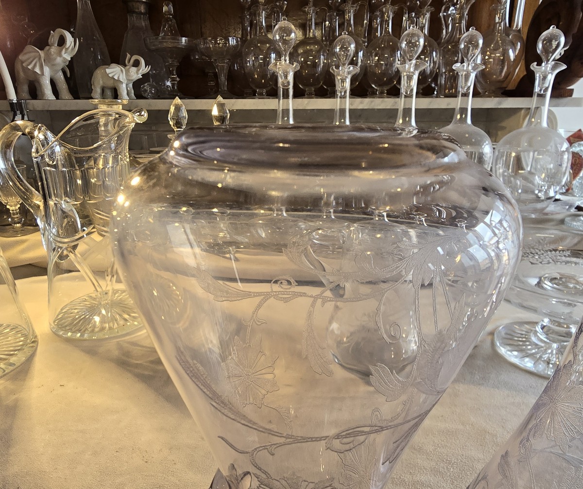 Pair Of Antique Art Nouveau Blown And Engraved Glass Ewers-photo-4