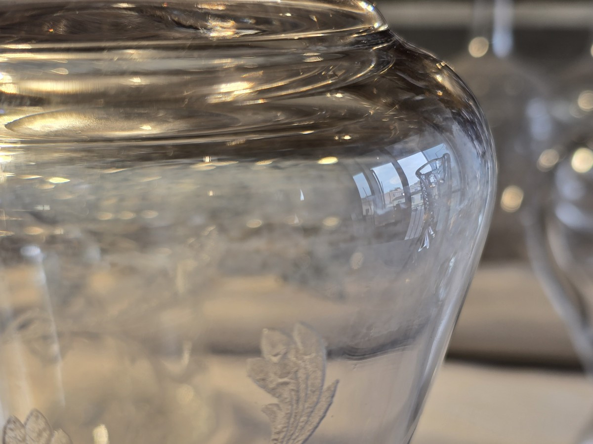 Pair Of Antique Art Nouveau Blown And Engraved Glass Ewers-photo-5