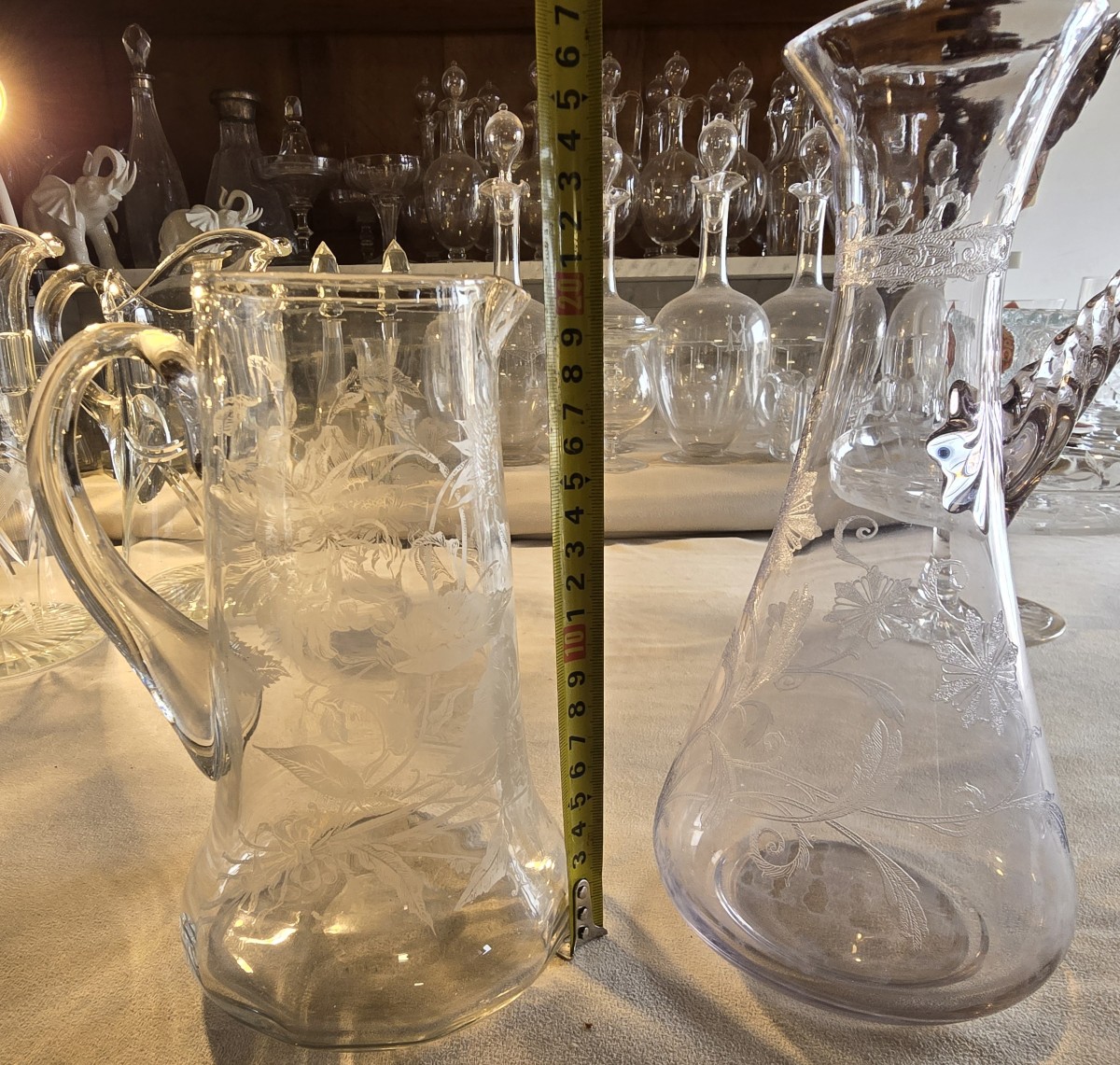 Pair Of Antique Art Nouveau Blown And Engraved Glass Ewers-photo-7