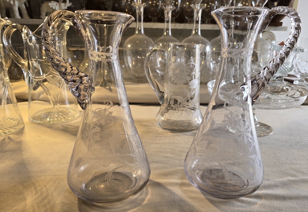Pair Of Antique Art Nouveau Blown And Engraved Glass Ewers
