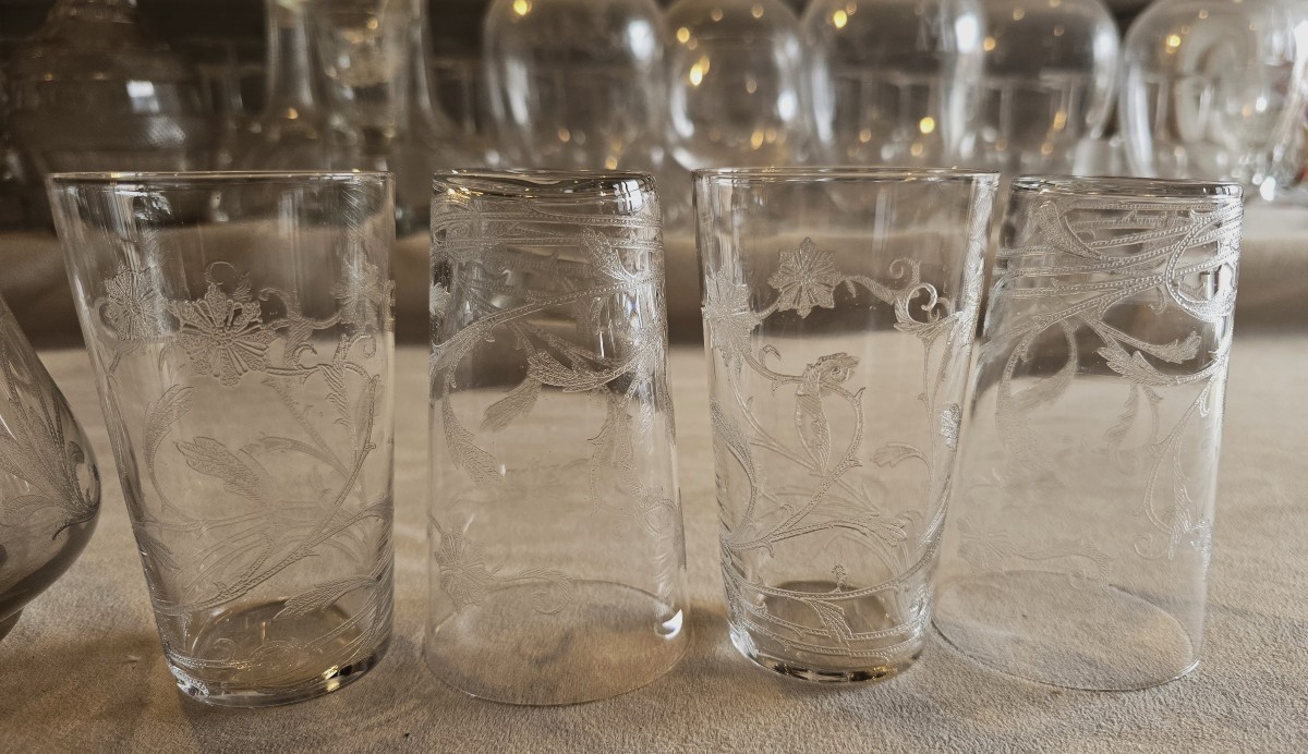 ensemble aiguière et 4 verres Art  Nouveau verre souffé et gravé-photo-2