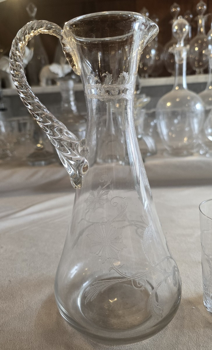 ensemble aiguière et 4 verres Art  Nouveau verre souffé et gravé-photo-3
