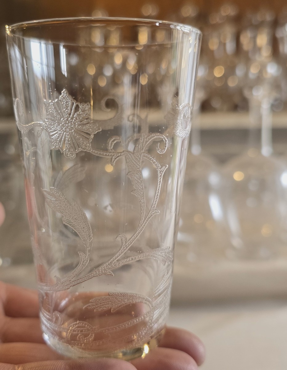 ensemble aiguière et 4 verres Art  Nouveau verre souffé et gravé-photo-1