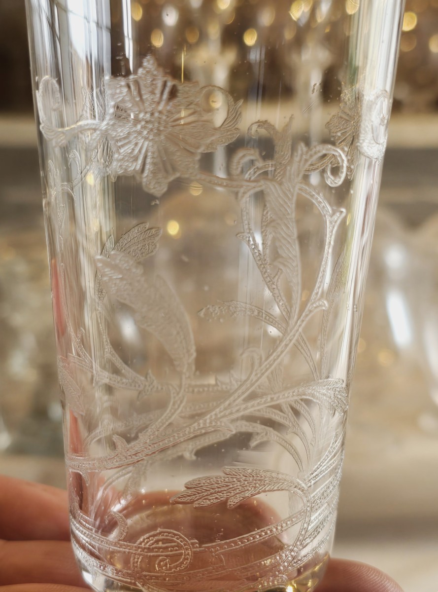 ensemble aiguière et 4 verres Art  Nouveau verre souffé et gravé-photo-2