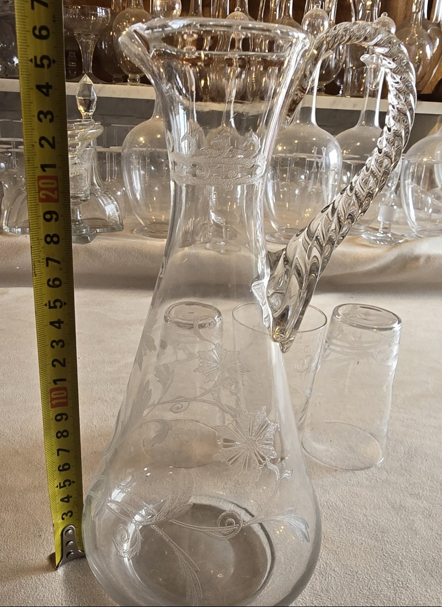 ensemble aiguière et 4 verres Art  Nouveau verre souffé et gravé-photo-5