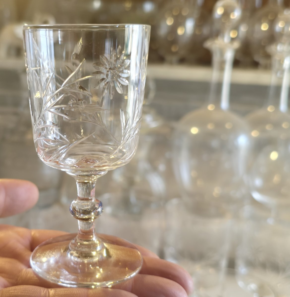 Lot Of 10 Water Glasses, Height 13.5 cm, Baccarat With A Daisy Décor, Late 19th Century-photo-3