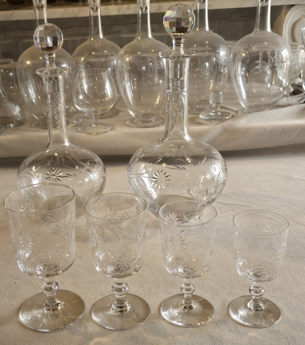 Lot Of 10 Water Glasses, Height 13.5 cm, Baccarat With A Daisy Décor, Late 19th Century-photo-2