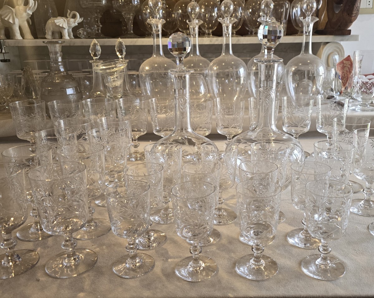Lot Of 10 Water Glasses, Height 13.5 cm, Baccarat With A Daisy Décor, Late 19th Century-photo-3