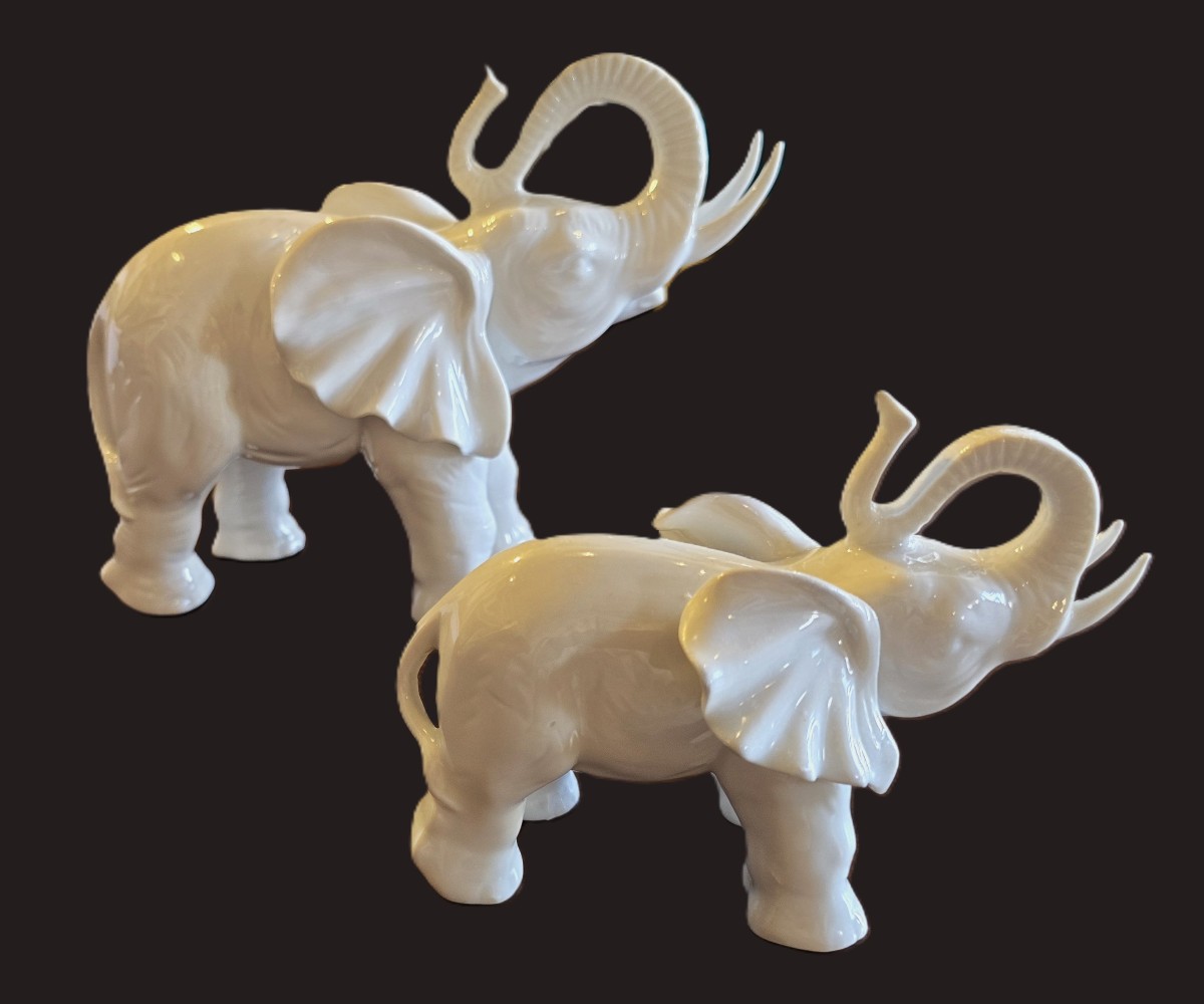 Two Vintage White Porcelain Elephant Figurines, Italy, Circa 1950–1970
