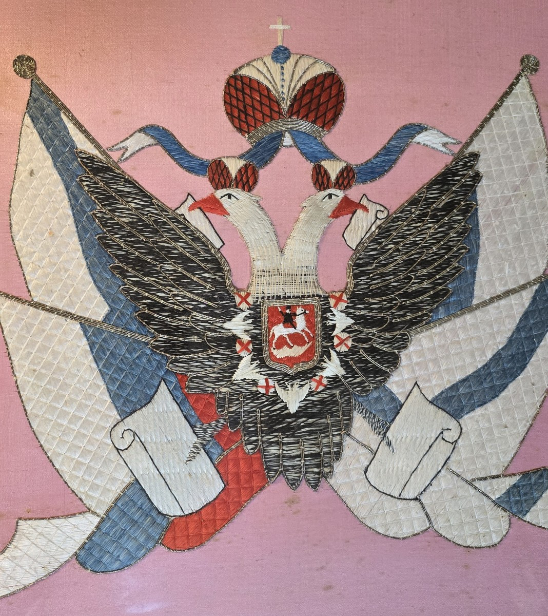 Ancienne Broderie héraldique à l’aigle bicéphale impériale de Russie fin XIX ème siècle-photo-2