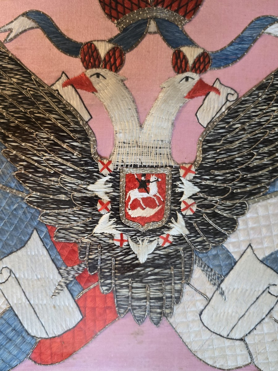 Ancienne Broderie héraldique à l’aigle bicéphale impériale de Russie fin XIX ème siècle-photo-3