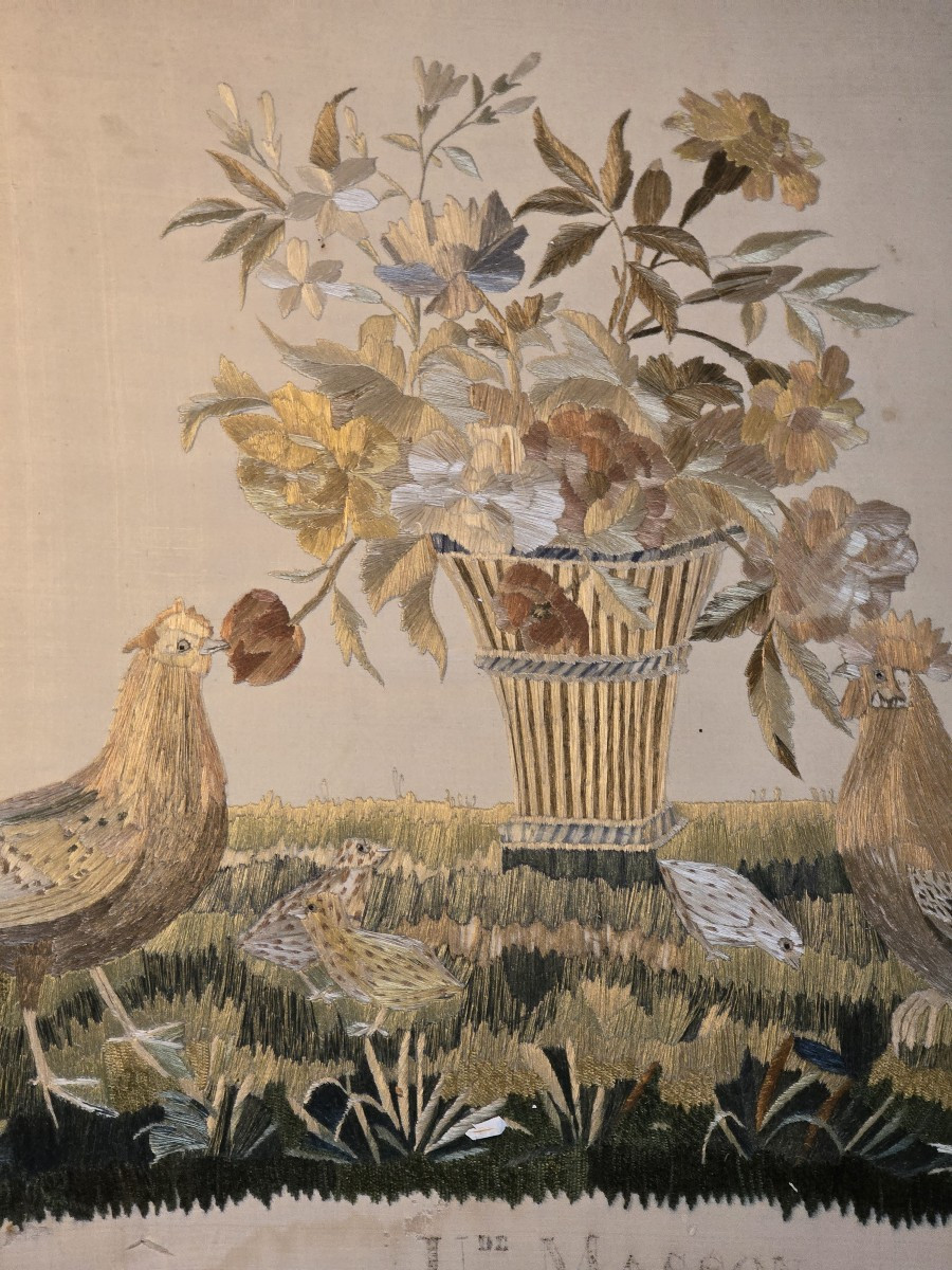 Proantic: Early 19th-century Silk Thread Embroidery, Vase Of Flowers W