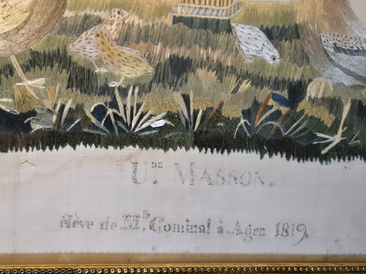 Early 19th-century Silk Thread Embroidery, Vase Of Flowers With Hens And Chicks.-photo-2