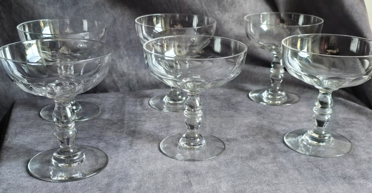 Set Of 6 Cut Crystal Champagne Coupes, Late 19th Century.