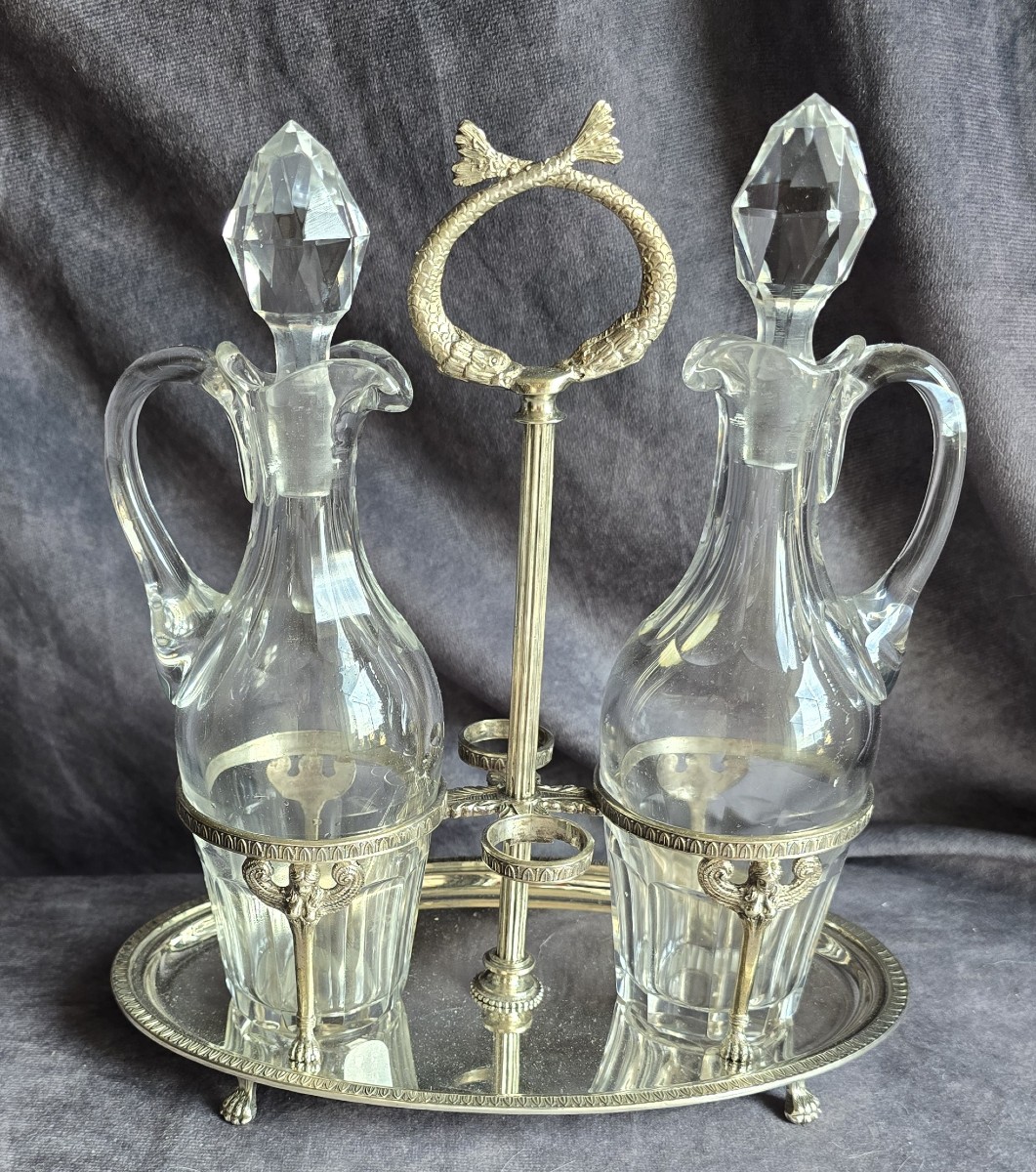 ancien serviteur de table huiler vinaigrier en cristal et argent massif style Empire 