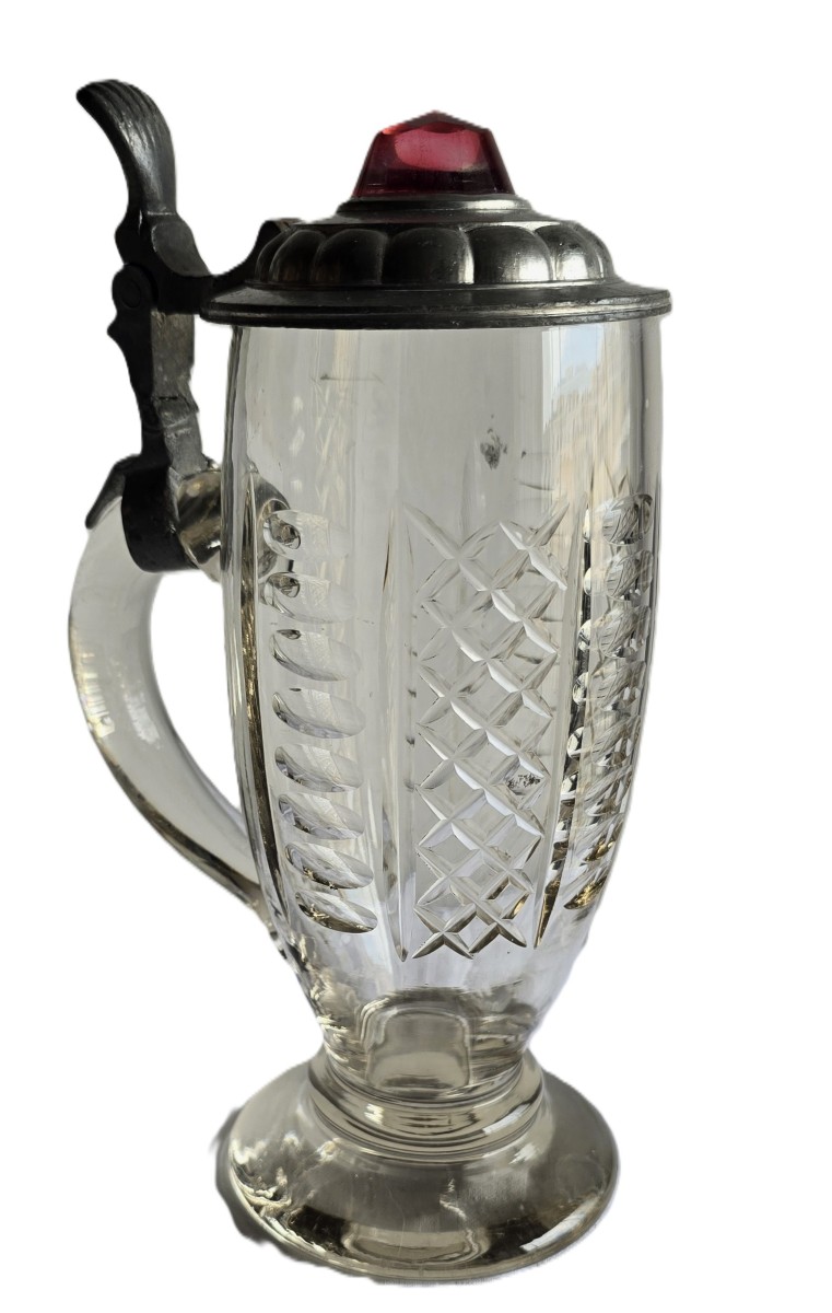 Antique Cut-glass Tankard With Pewter Mount And Lid-photo-2
