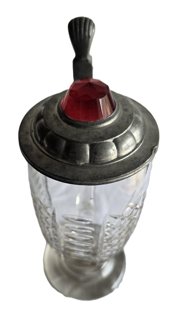 Antique Cut-glass Tankard With Pewter Mount And Lid-photo-4
