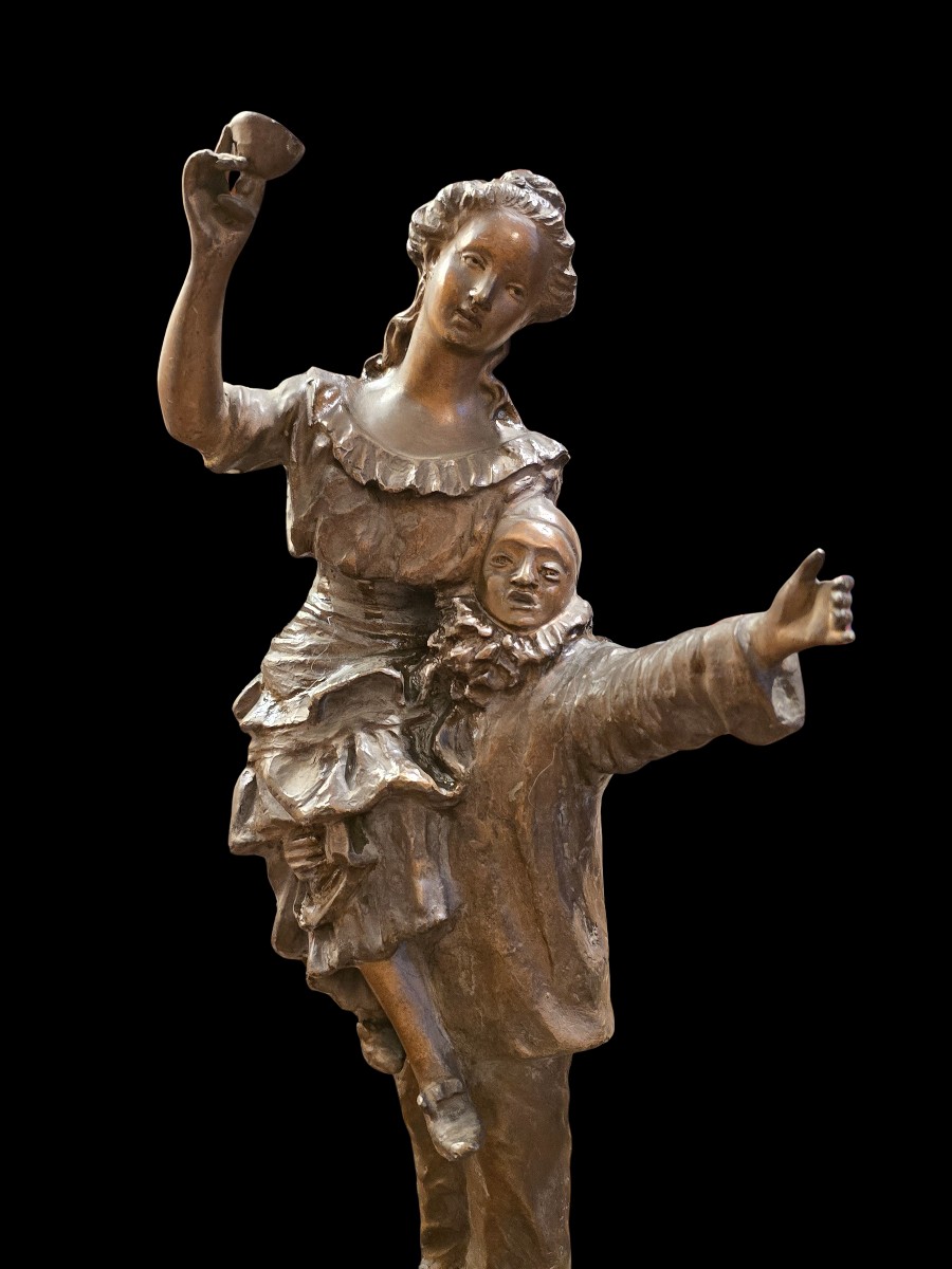 Art Deco Bronze Sculpture With A Brown Patina: Pierrot And A Young Woman-photo-2