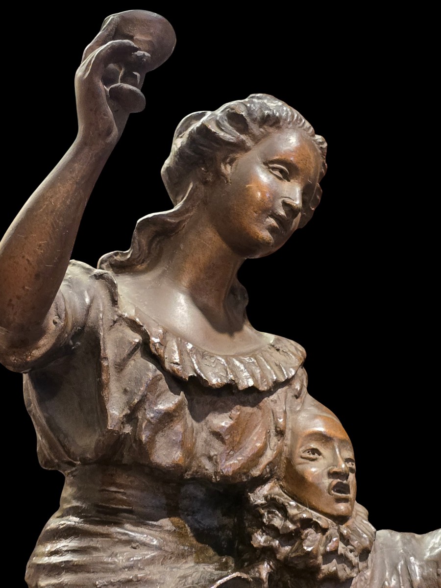 Art Deco Bronze Sculpture With A Brown Patina: Pierrot And A Young Woman-photo-3
