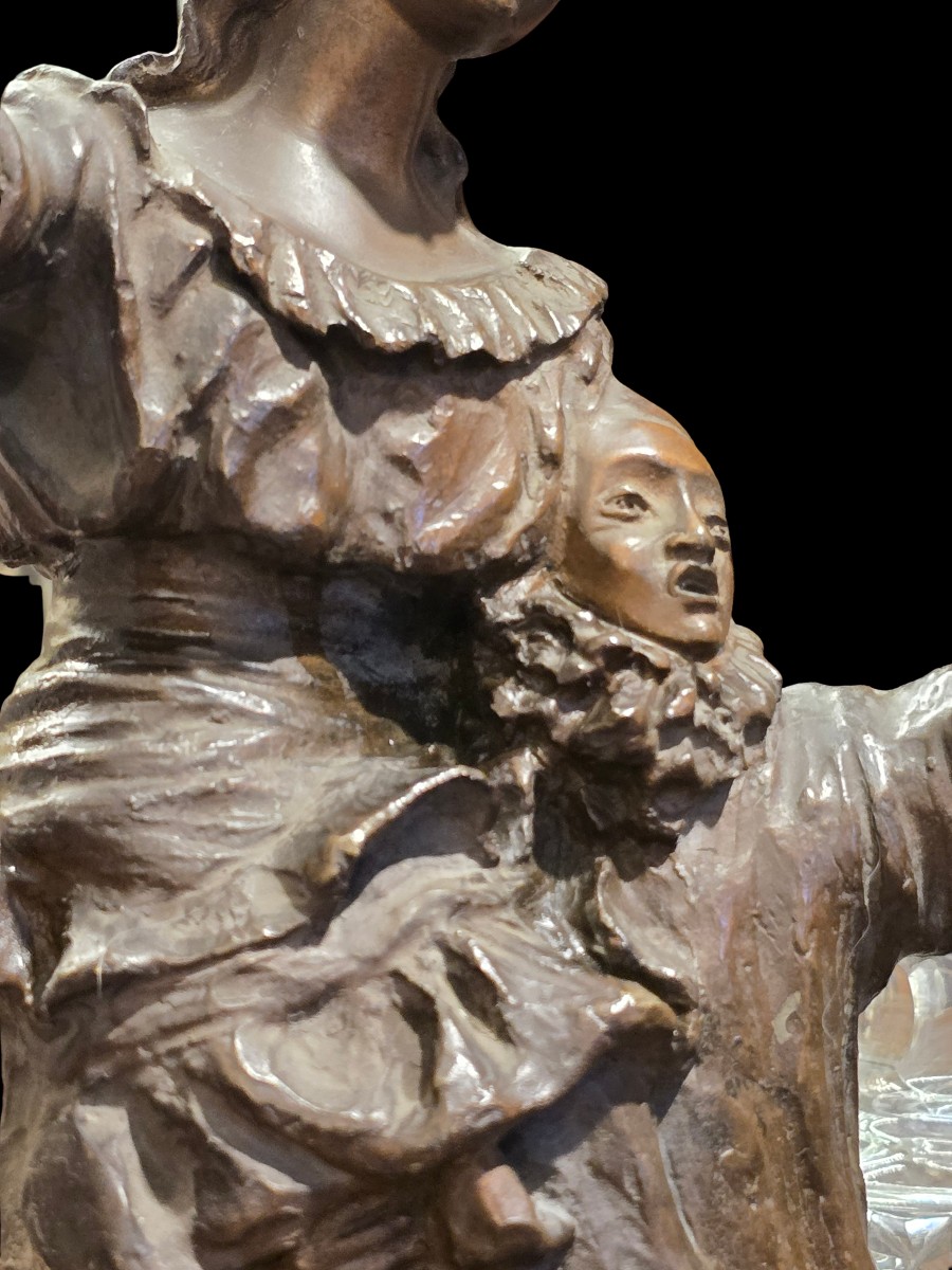 Art Deco Bronze Sculpture With A Brown Patina: Pierrot And A Young Woman-photo-4