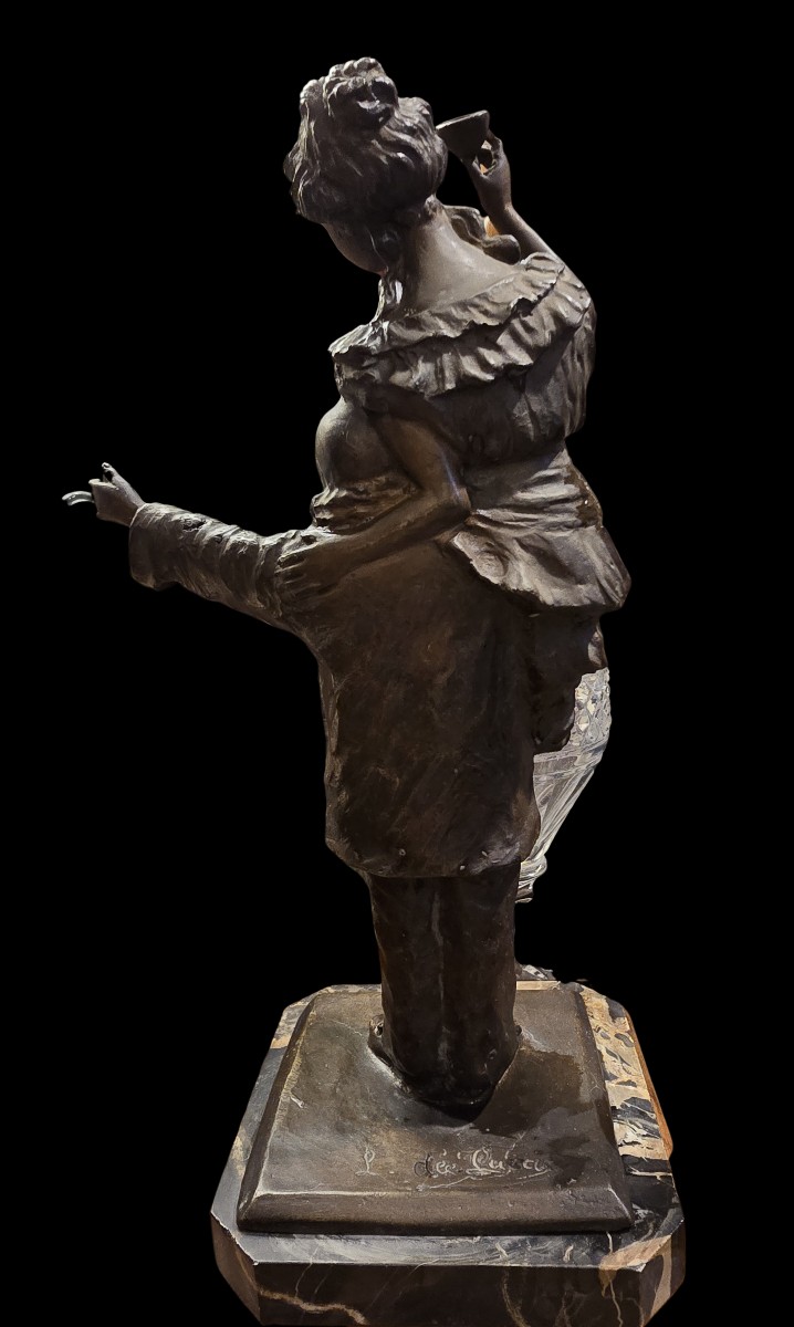 Art Deco Bronze Sculpture With A Brown Patina: Pierrot And A Young Woman-photo-3