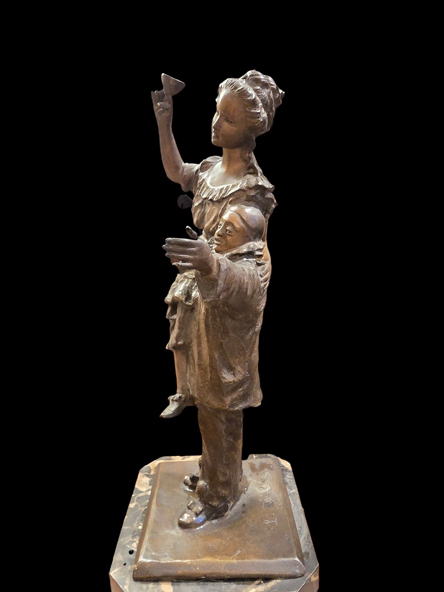 Art Deco Bronze Sculpture With A Brown Patina: Pierrot And A Young Woman-photo-5