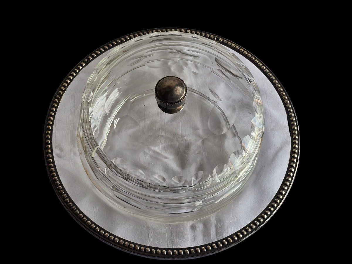 saucière ancienne en cristal et metal argenté-photo-2