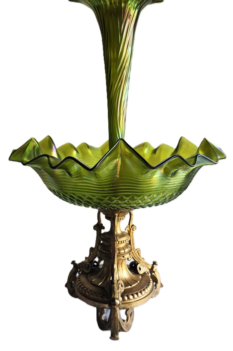 Centre de table en bronze et verre Loetz iridescent, début du XXe siècle-photo-2