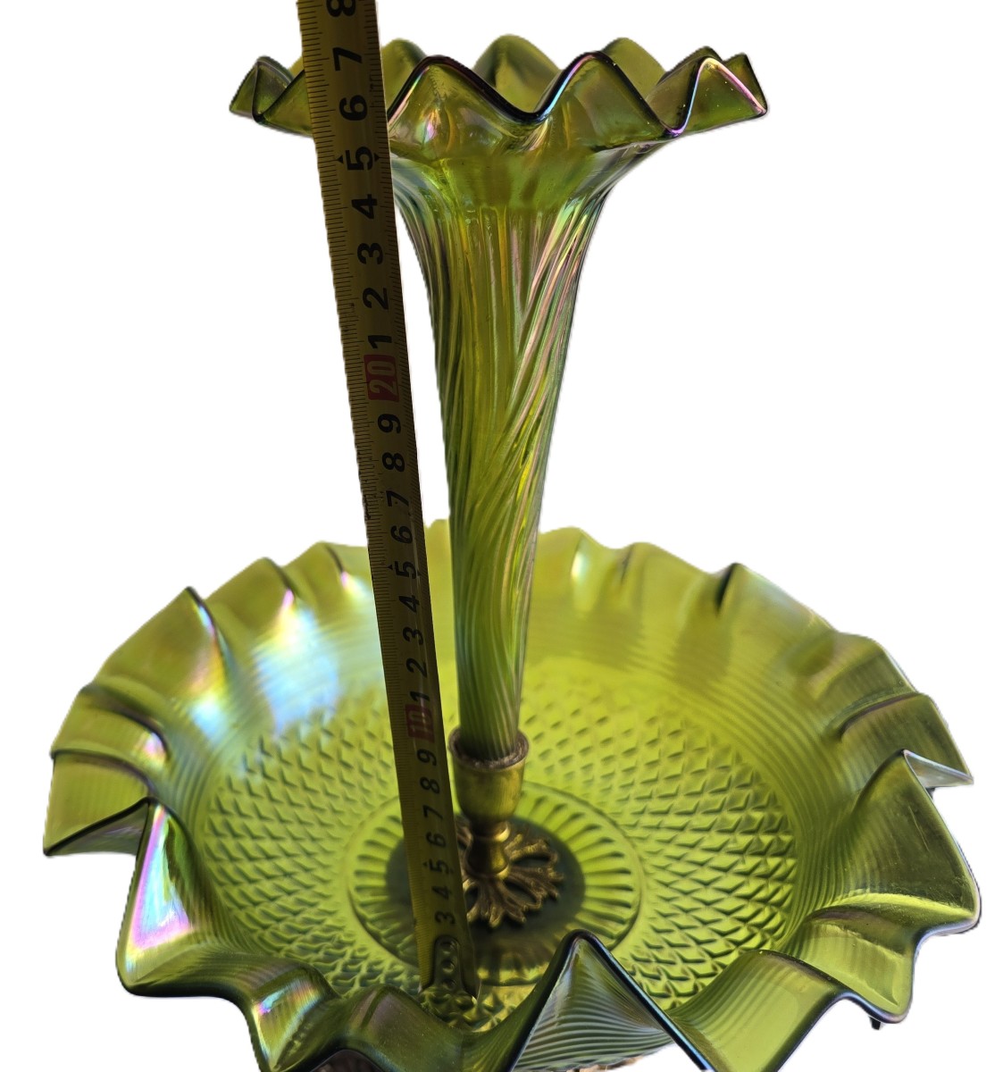 Centre de table en bronze et verre Loetz iridescent, début du XXe siècle-photo-4