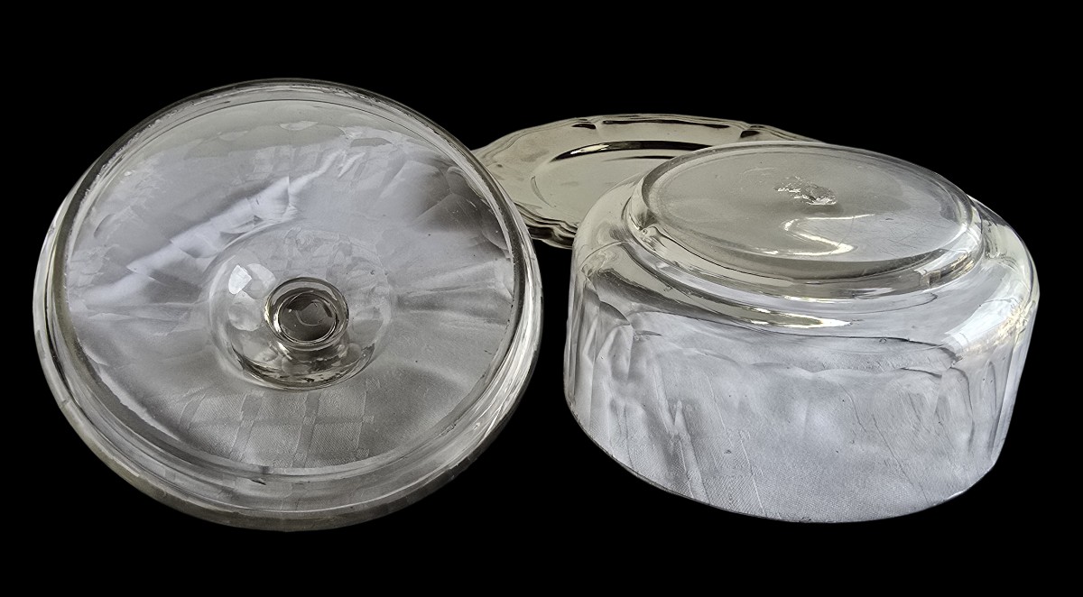  ancien drageoir en cristal soufflé et taillé avec soucoupe en  métal argenté-photo-3