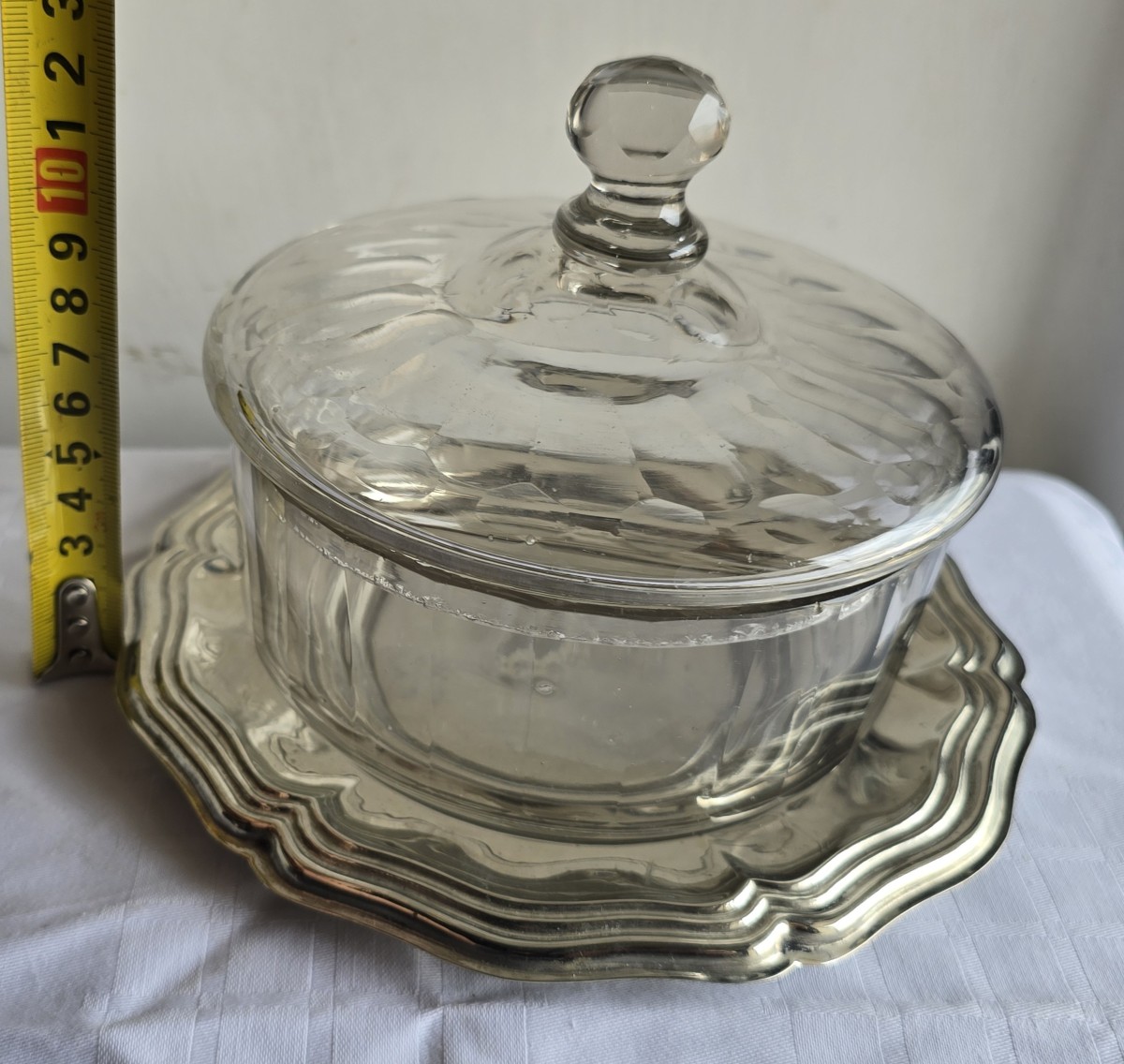  ancien drageoir en cristal soufflé et taillé avec soucoupe en  métal argenté-photo-3