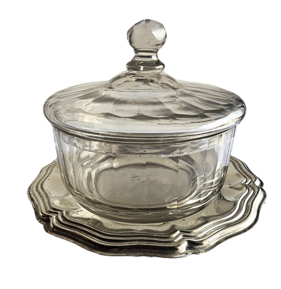  ancien drageoir en cristal soufflé et taillé avec soucoupe en  métal argenté