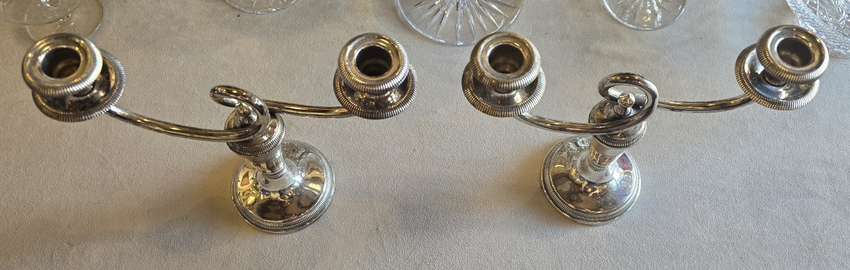 Pair Of Two-flame Candlesticks In Silver-plated Metal, Christofle-photo-2