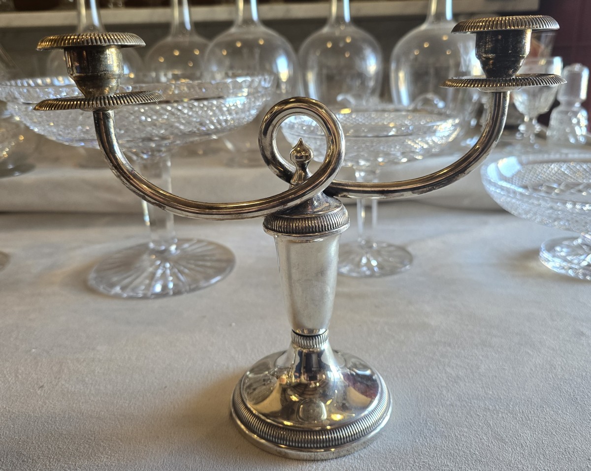 Pair Of Two-flame Candlesticks In Silver-plated Metal, Christofle-photo-3