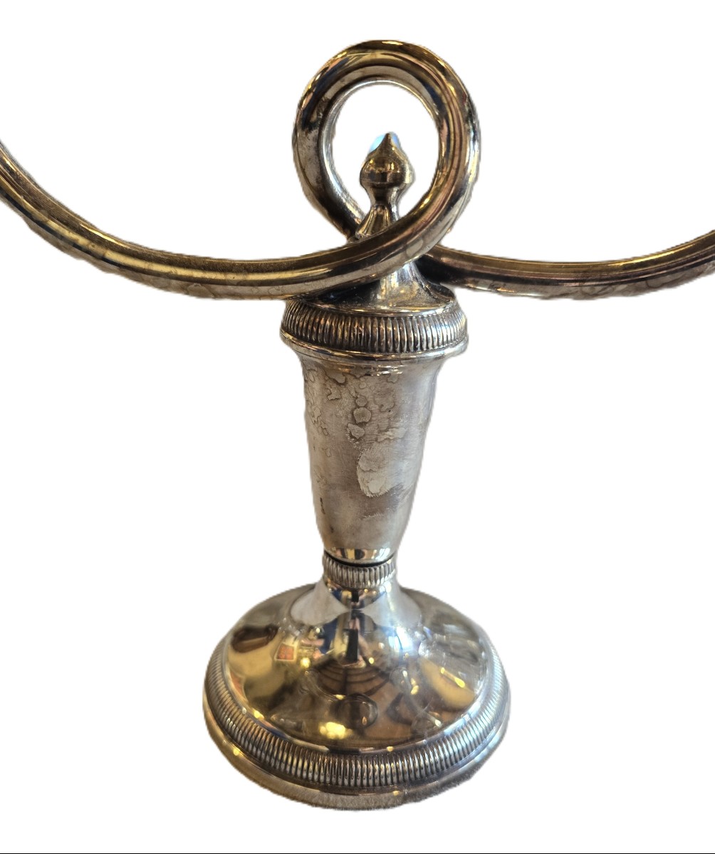Pair Of Two-flame Candlesticks In Silver-plated Metal, Christofle-photo-4
