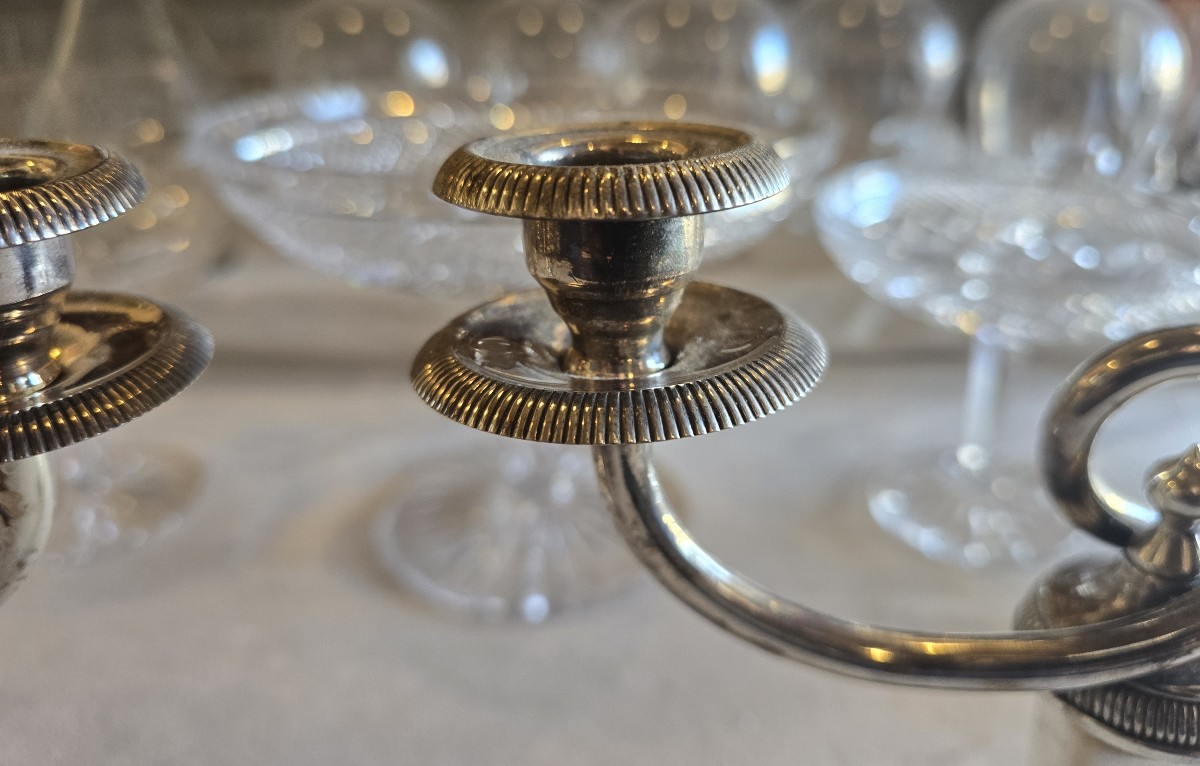 Pair Of Two-flame Candlesticks In Silver-plated Metal, Christofle-photo-2