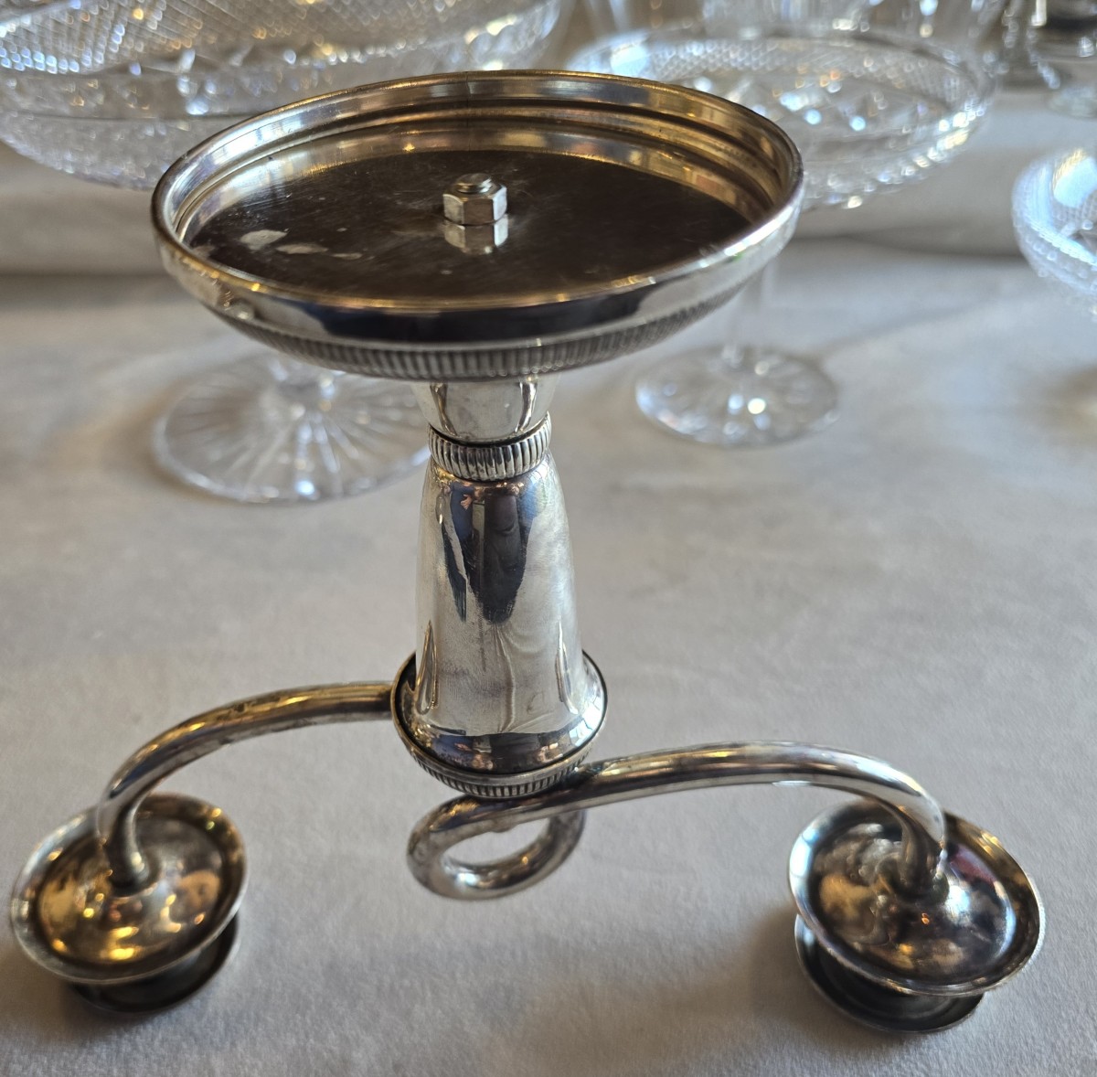 Pair Of Two-flame Candlesticks In Silver-plated Metal, Christofle-photo-3