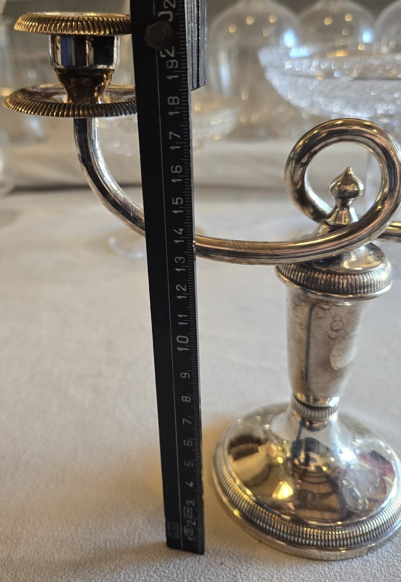 Pair Of Two-flame Candlesticks In Silver-plated Metal, Christofle-photo-5