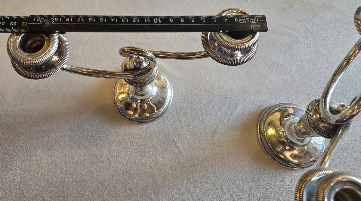 Pair Of Two-flame Candlesticks In Silver-plated Metal, Christofle-photo-6