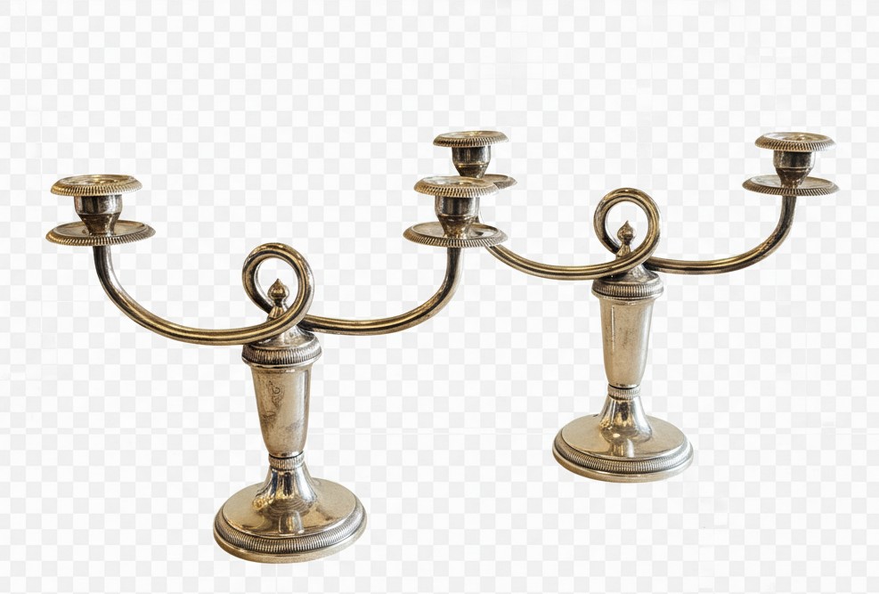 Pair Of Two-flame Candlesticks In Silver-plated Metal, Christofle